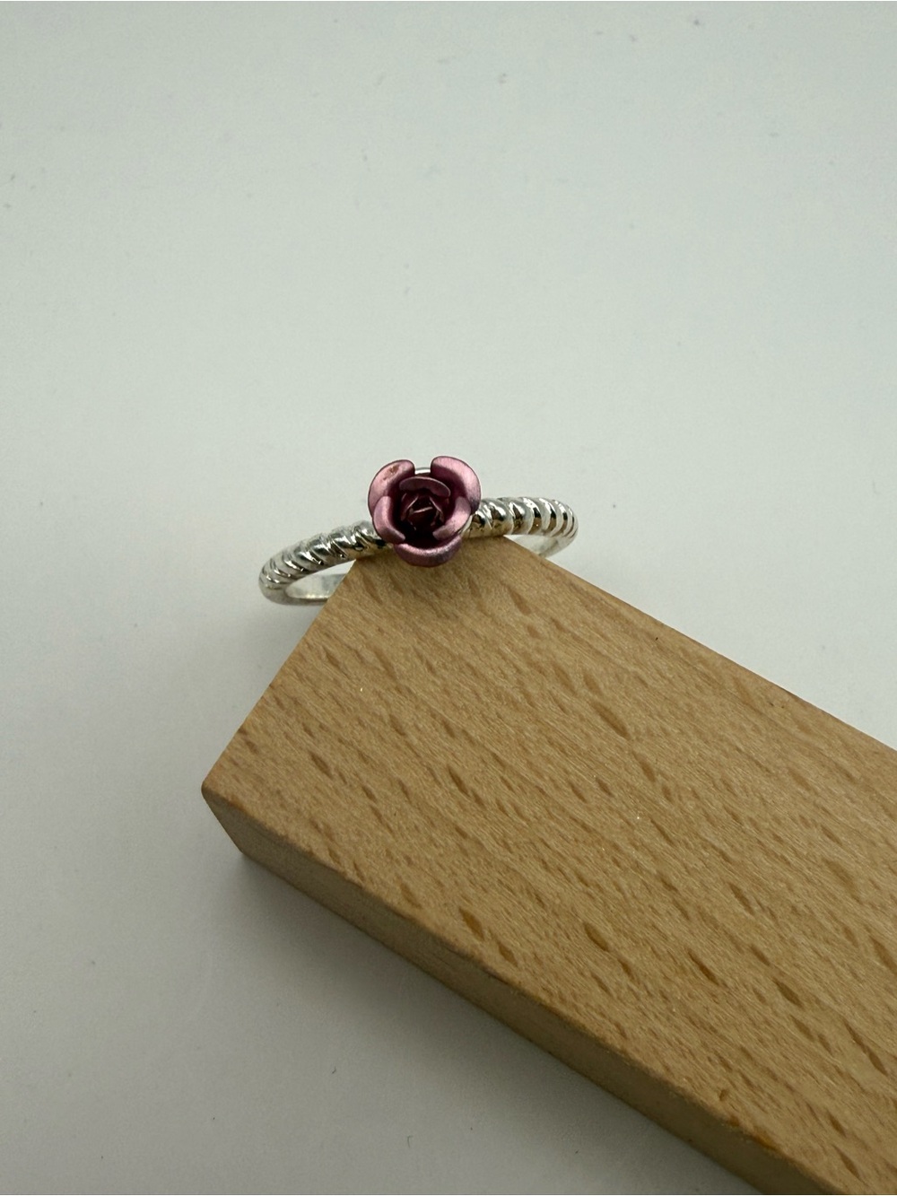 Cute Silver Tone Rose Gold Ring Pink Flower Twisted Band Size 10